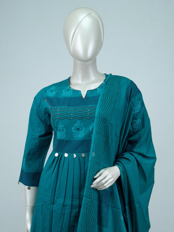 Teal cotton block printed Anarkali kurti set with coin embellished waist, palazzo pants and dupatta