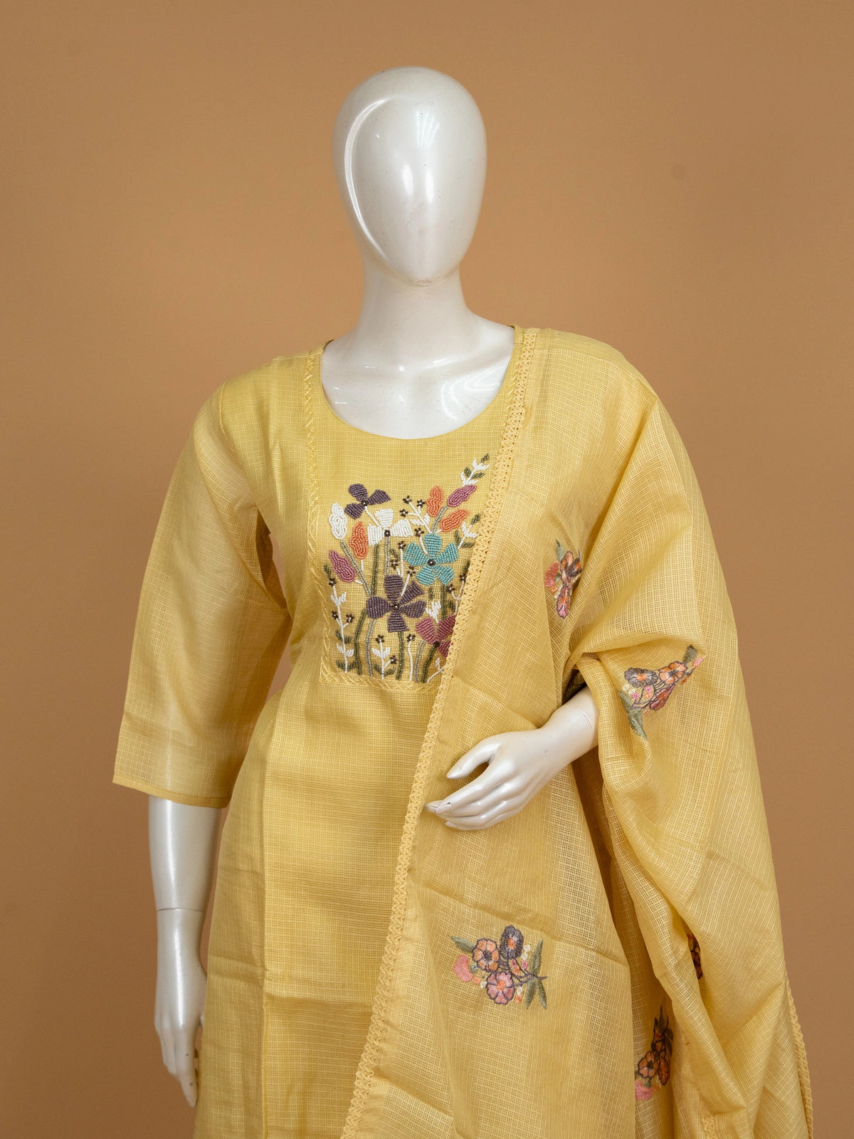 Yellow Kota Doria straight cut kurti set with multicolour beaded floral embroidery and dupatta