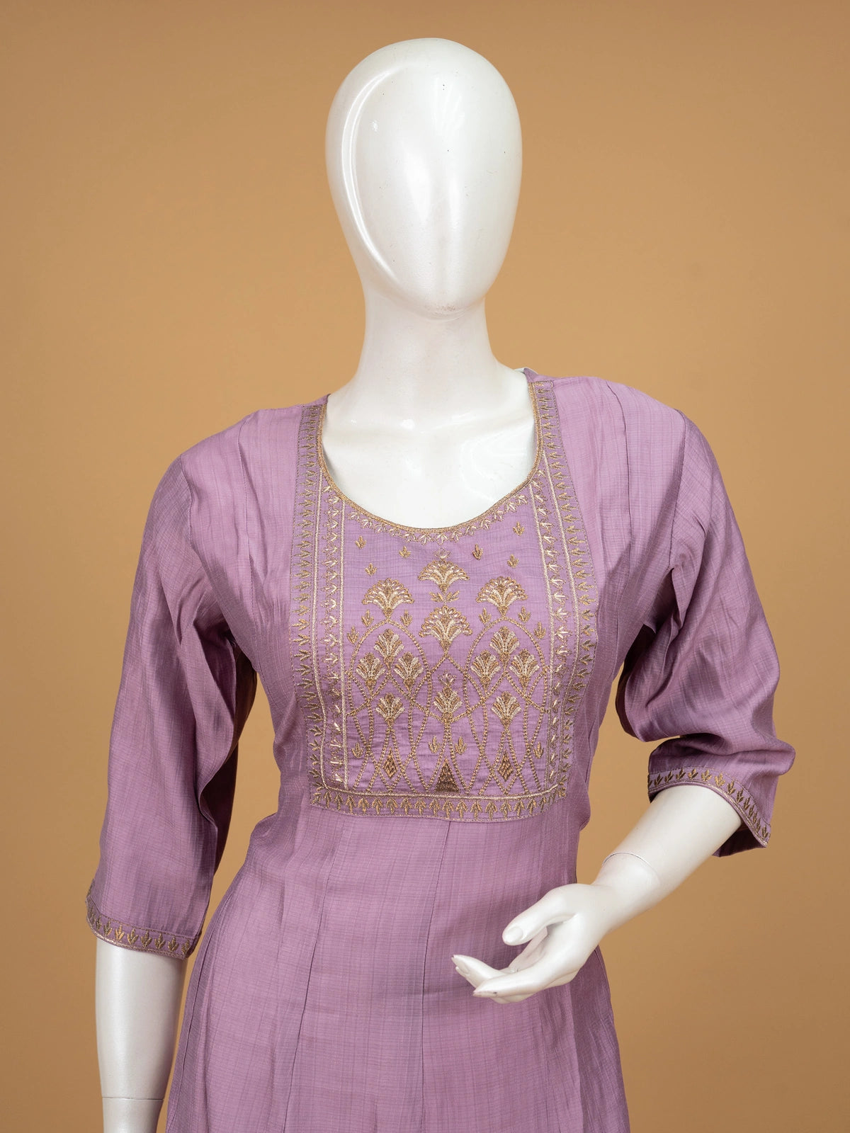 Lavender zari embroidered cotton Anarkali kurti top with gold floral yoke