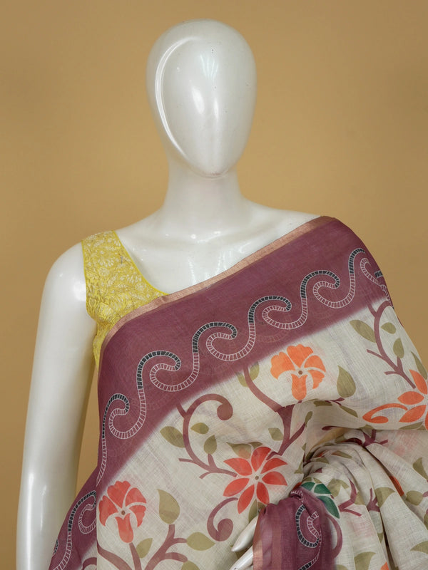 Cream linen cotton saree with floral print and onion-pink paisley border