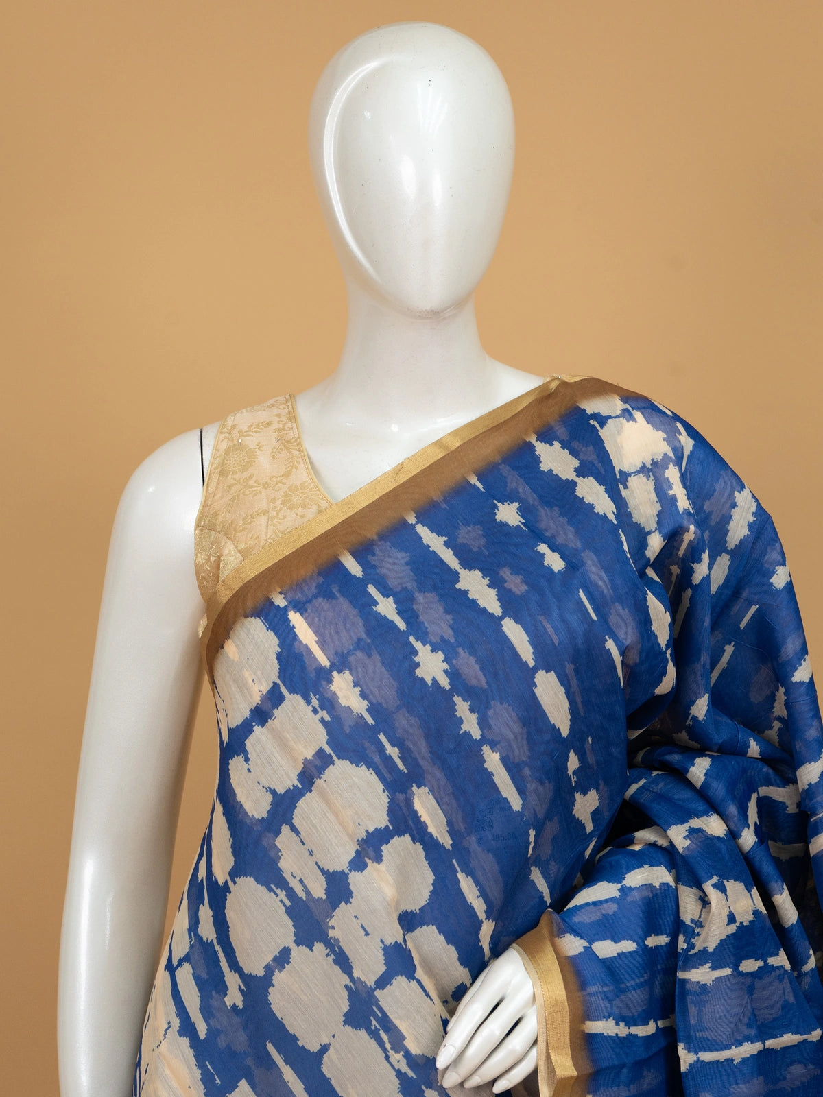 Royal blue and cream shibori Linen Cotton saree with gold zari border and Kalamkari floral pallu
