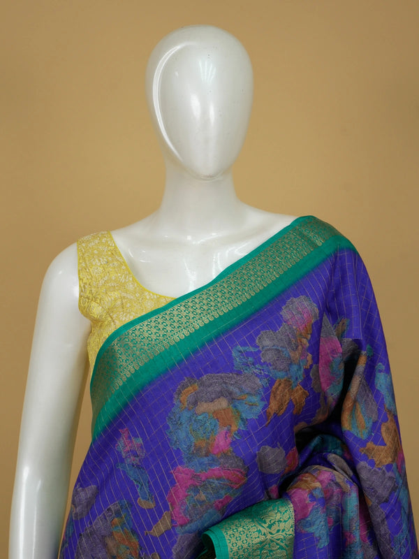 Purple Dola silk saree with multicolour floral print and contrast green gold-zari border