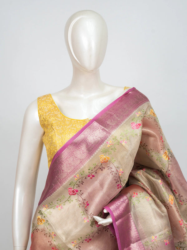Beige and pink semi raw silk saree with floral embroidery and contrast gold zari border