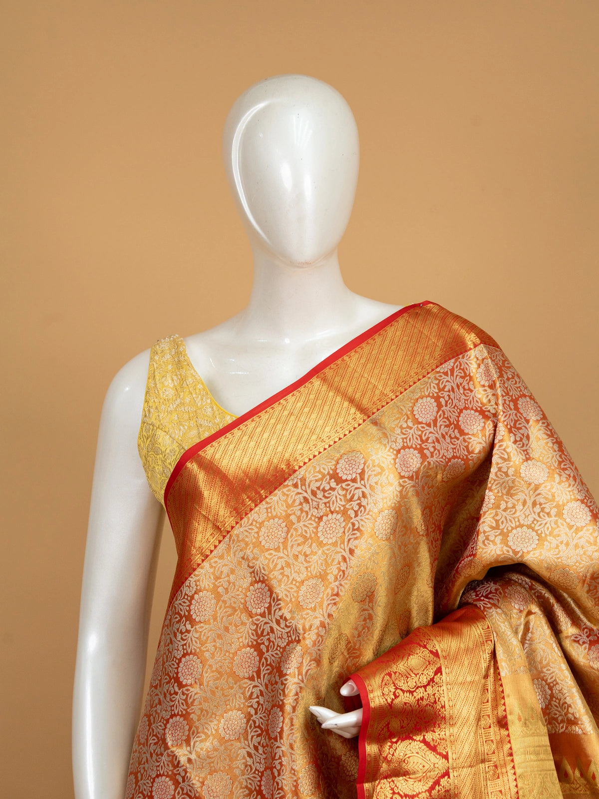 Golden mustard pure Kanchipuram silk saree with gold zari floral weave and contrast red border
