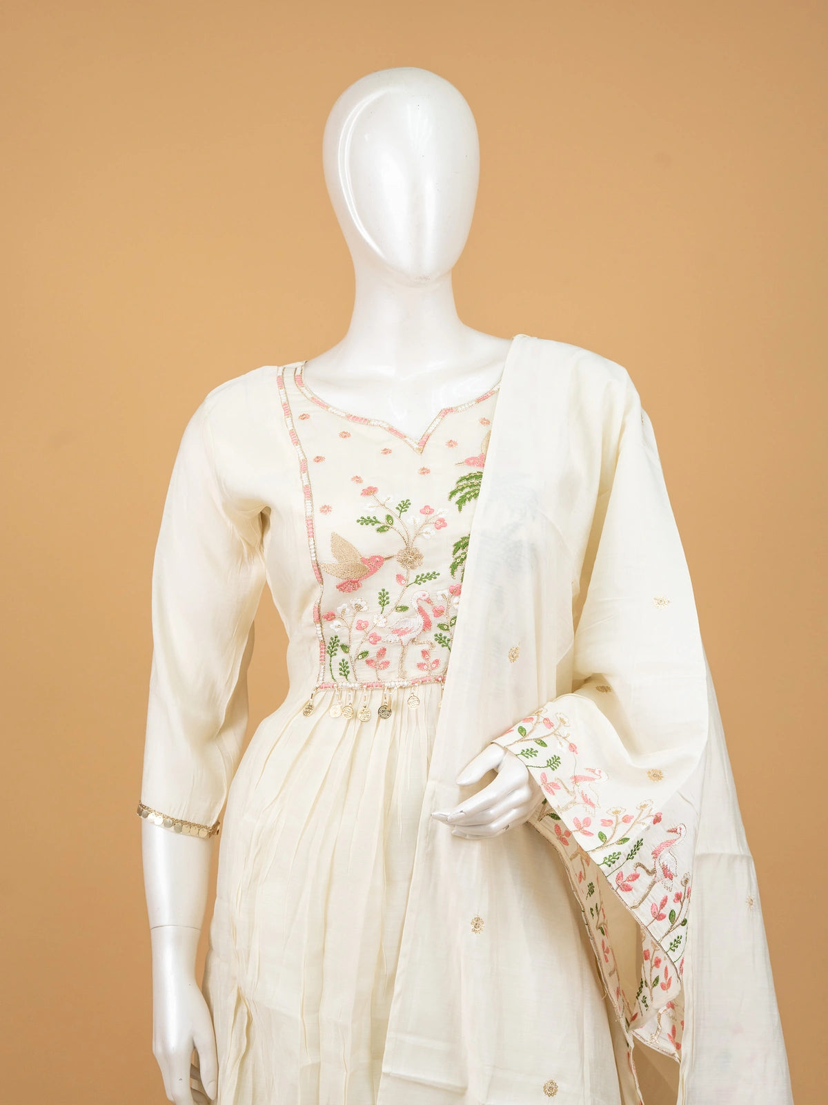 Off-White bird and palm embroidered cotton Anarkali kurti set with dupatta