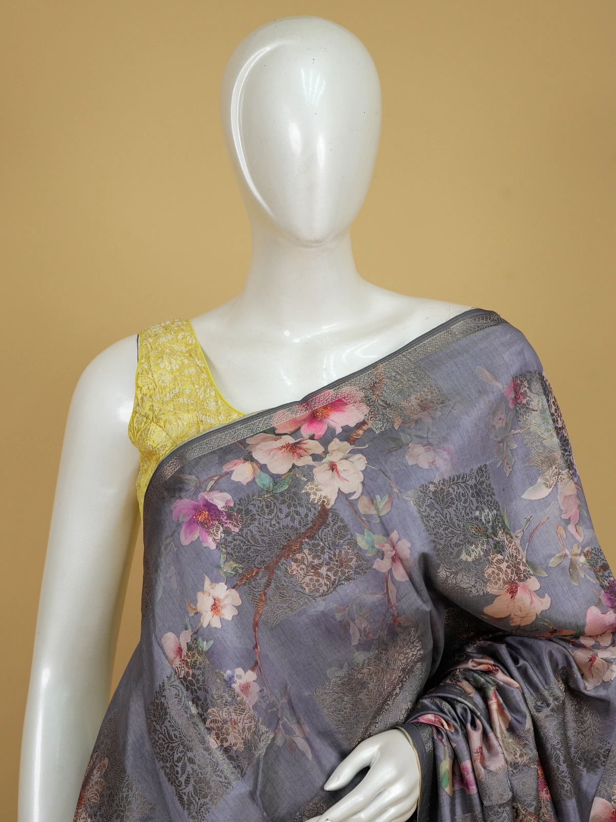Grey semi tussar saree with floral and bird digital print and silver zari border