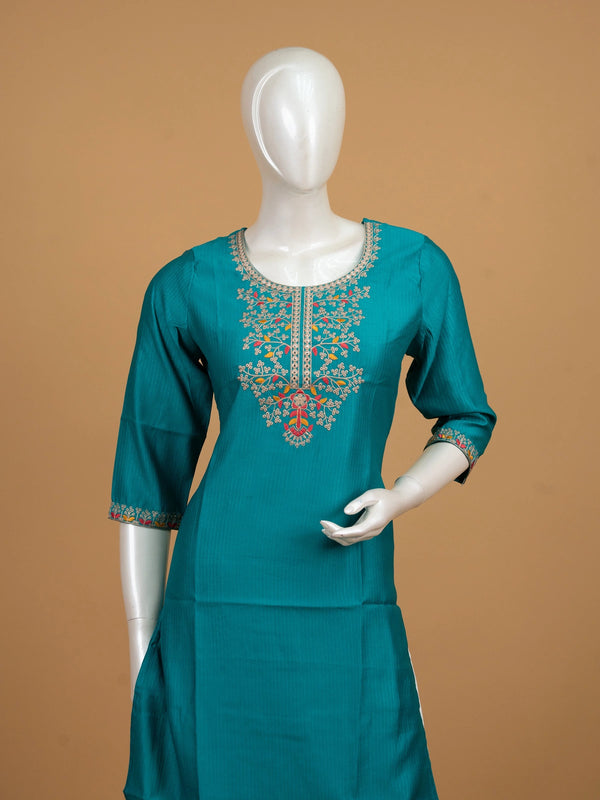Teal embroidered cotton blend straight cut kurti top with floral zari neckline embroidery