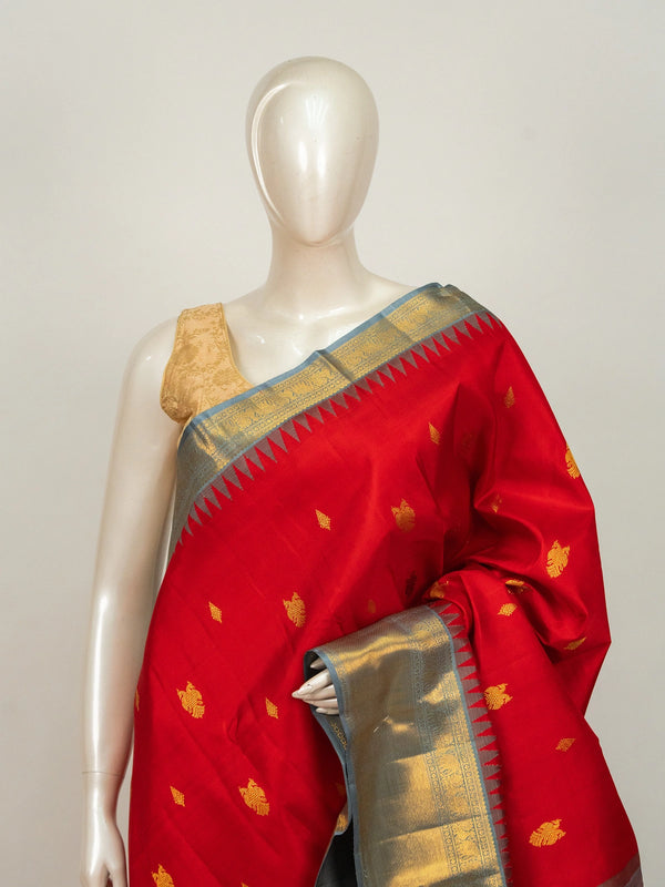 Red pure Kanchipuram silk saree with contrast grey gold zari temple border and woven buttas