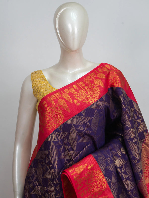 Purple Kanchipuram Fancy Silk saree with gold zari geometric body and contrast pink-red floral border and pallu