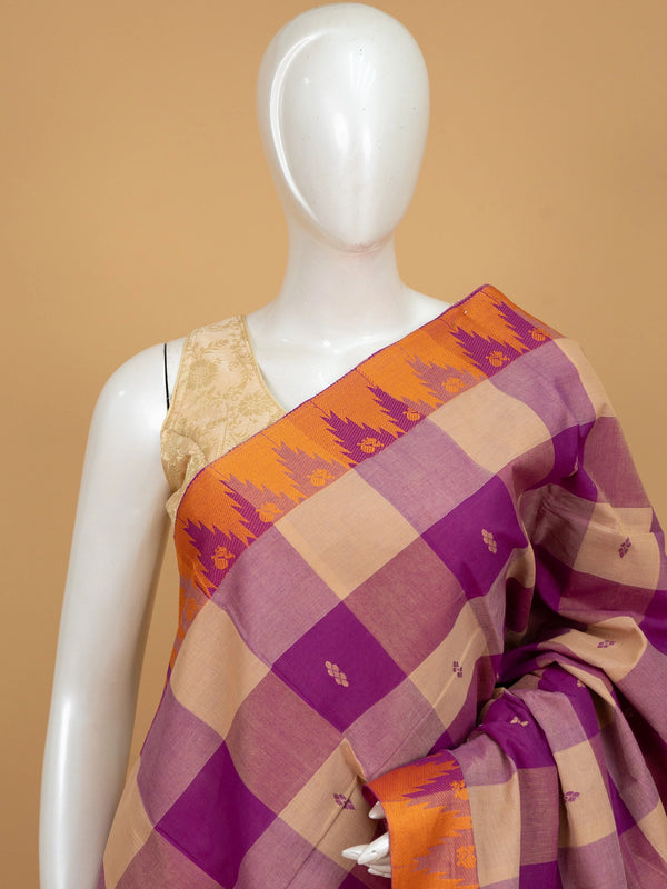 Purple and beige checked Chettinad cotton saree with contrast orange temple border