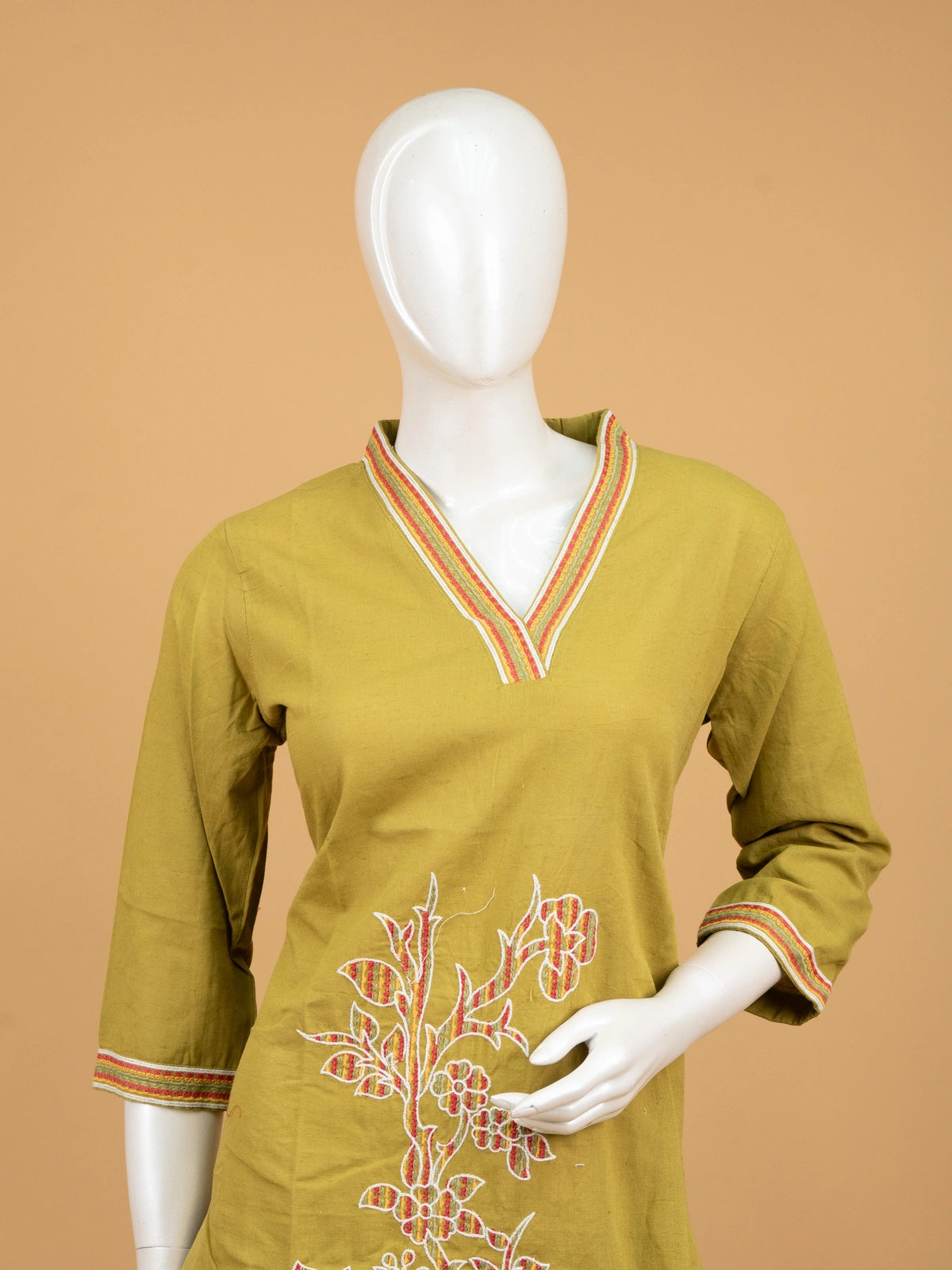 Mehndi green cotton straight cut kurti set with multicolour floral embroidery and cream dupatta