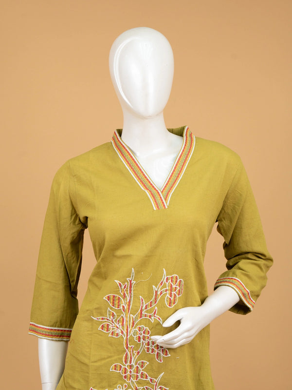 Mehndi green cotton straight cut kurti set with multicolour floral embroidery and cream dupatta