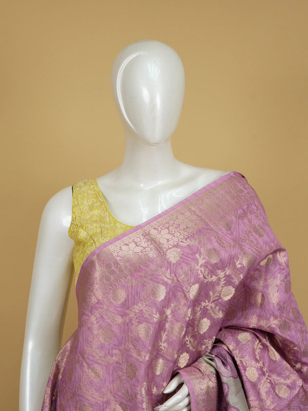 Mauve semi tussar saree with gold zari floral jaal and purple floral printed pallu
