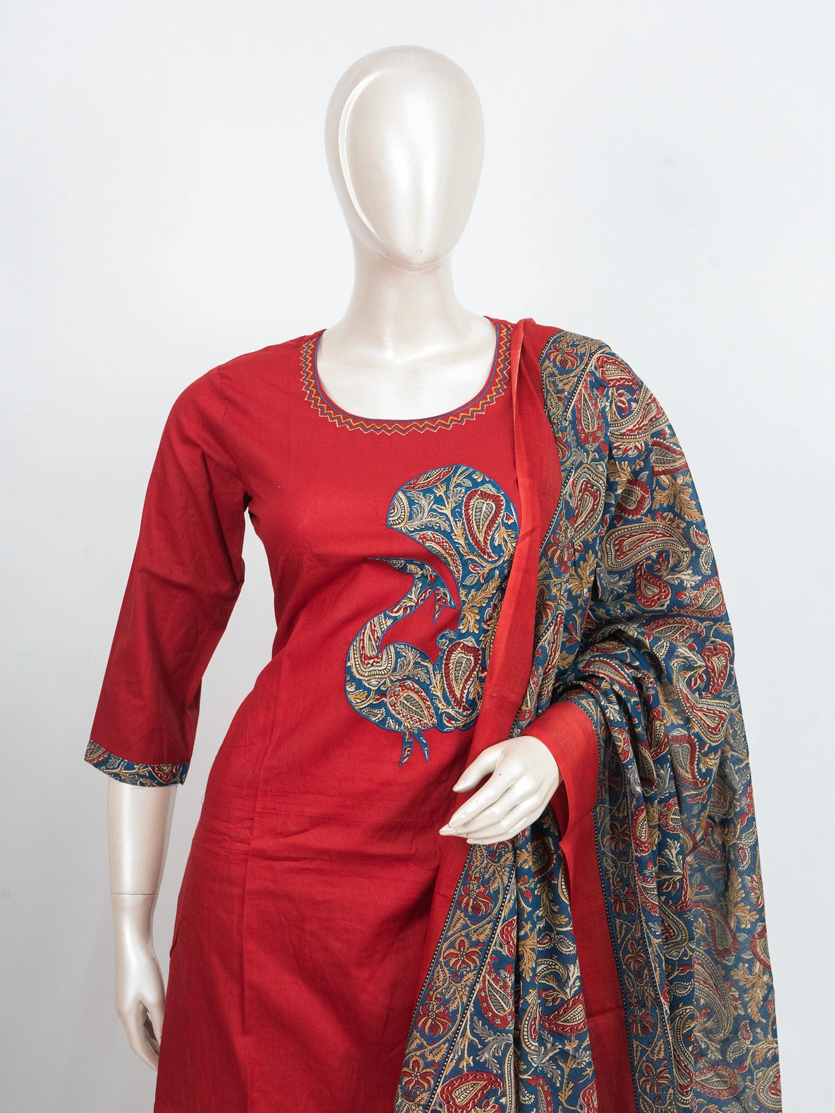 Red cotton straight cut kurti set with Kalamkari paisley applique, printed palazzo and dupatta
