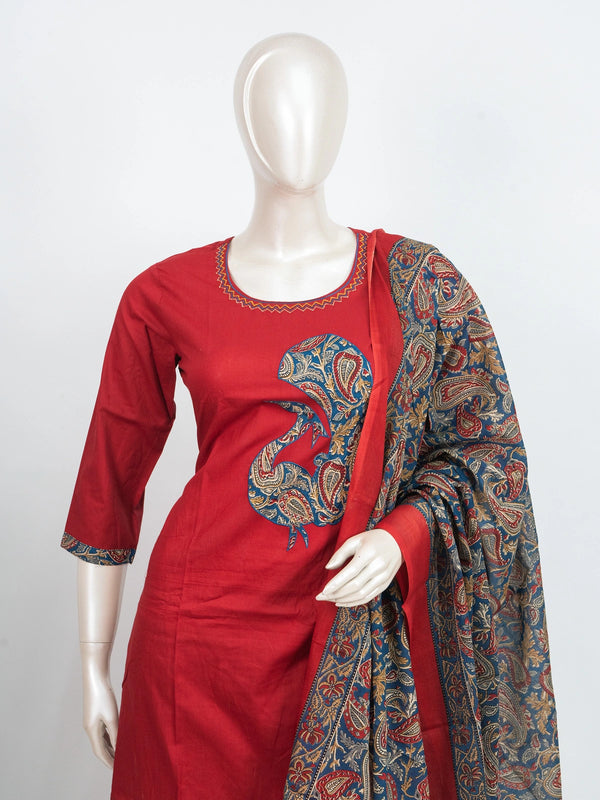 Red cotton straight cut kurti set with Kalamkari paisley applique, printed palazzo and dupatta