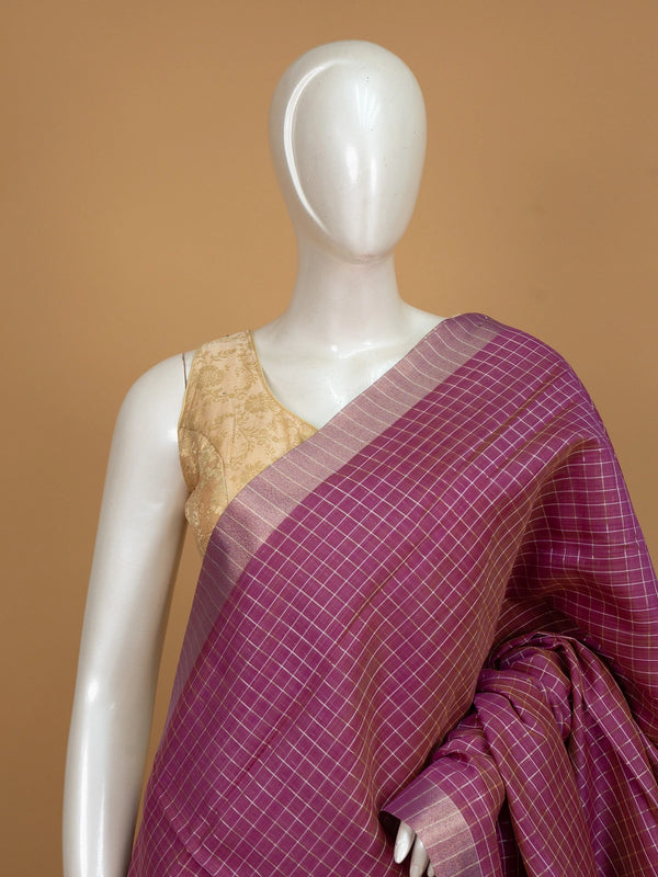 Magenta linen cotton saree with gold zari checks and contrast cream zari-striped pallu