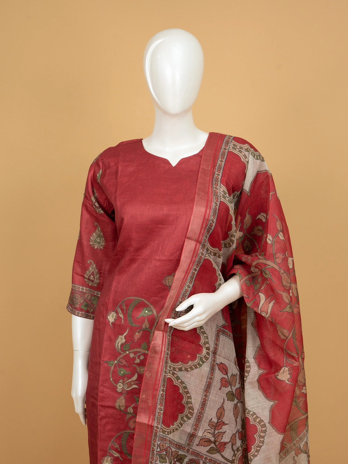 Maroon Kalamkari print art silk straight cut kurti set with contrast printed dupatta and matching pants