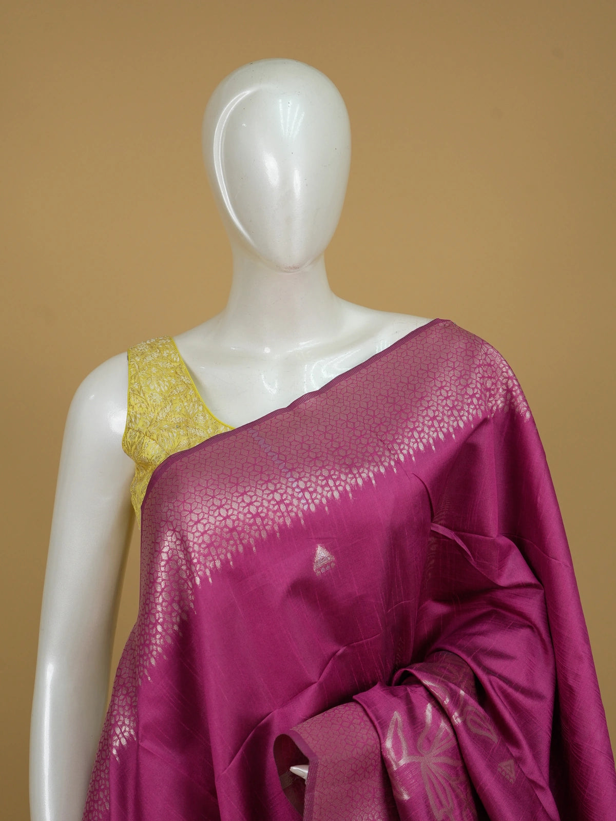 Magenta pink semi tussar saree with silver zari lotus pallu and contrast border