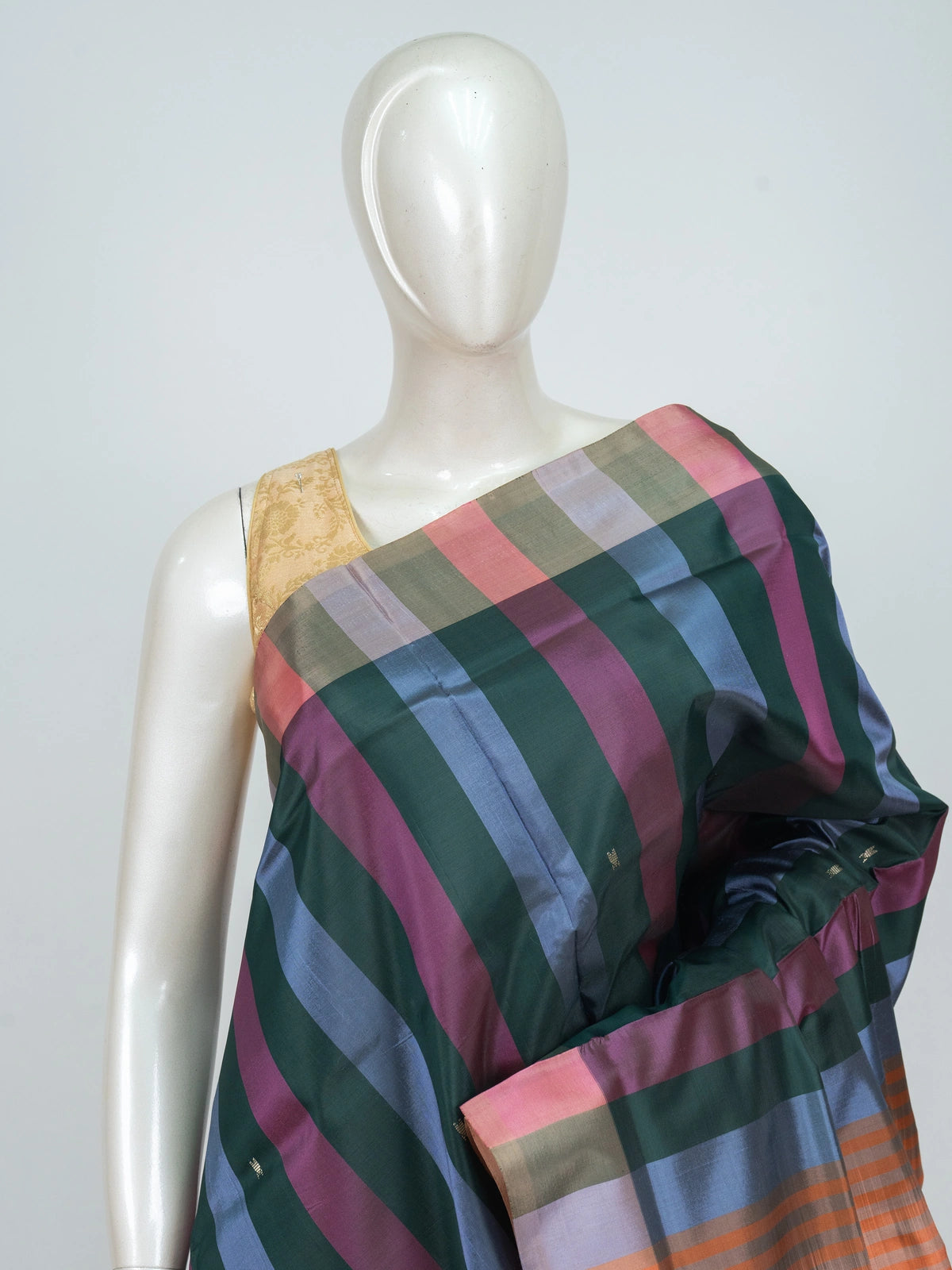 Multicolour checked Banana Silk saree with peach striped floral-butta pallu and contrast border
