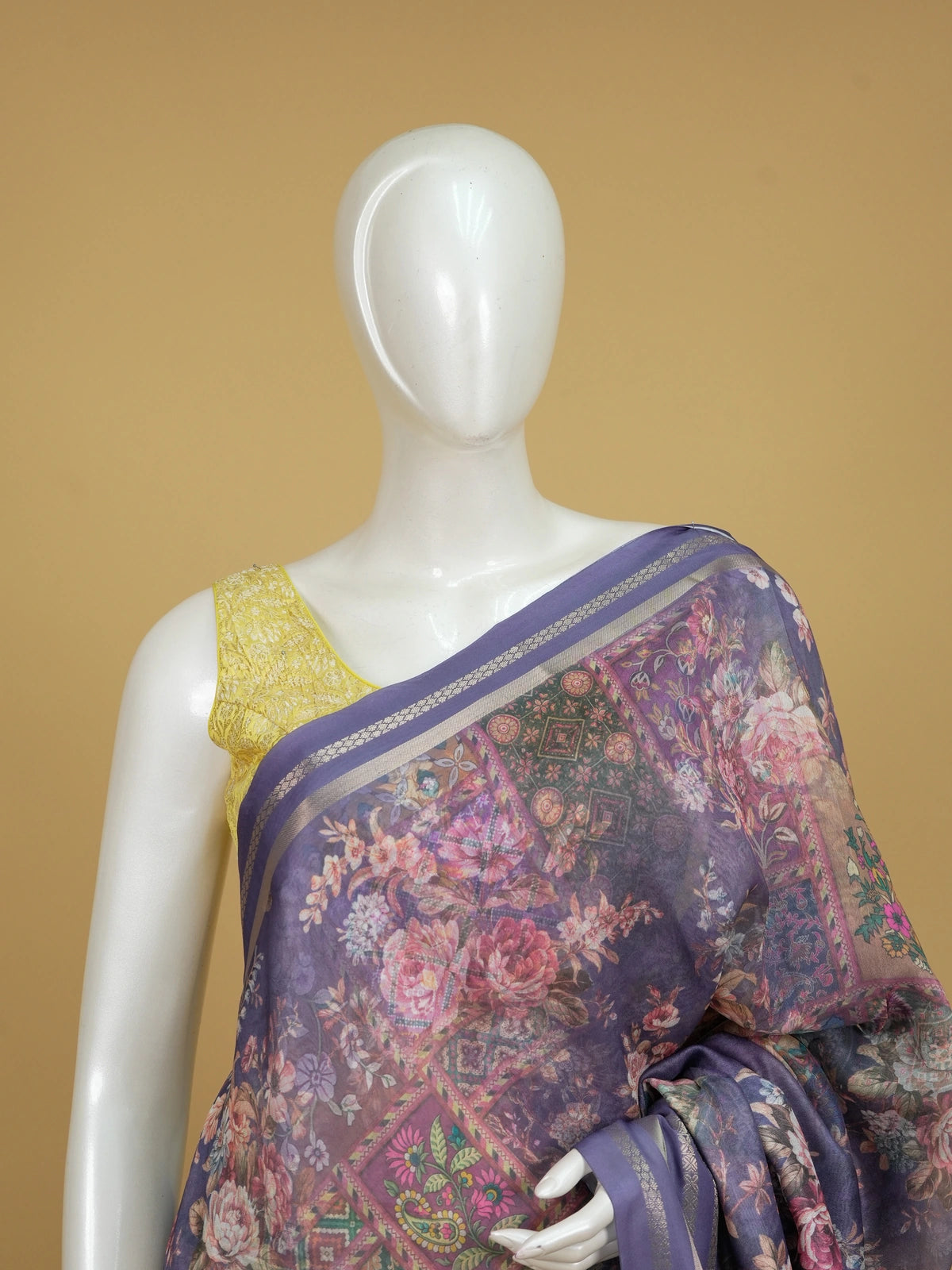 Purple and lavender organza designer saree with floral patchwork print and gold zari border