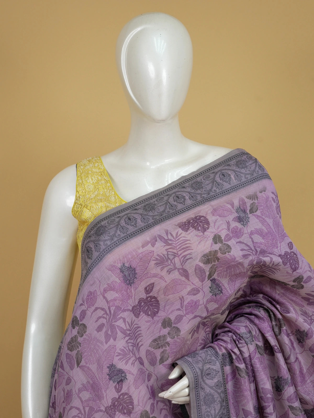 Lavender and grey Linen Cotton saree with tropical floral print and kalamkari elephant pallu