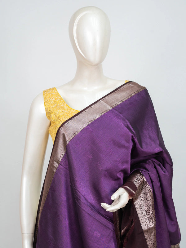 Purple semi silk saree with contrast wine border and copper-gold zari pallu
