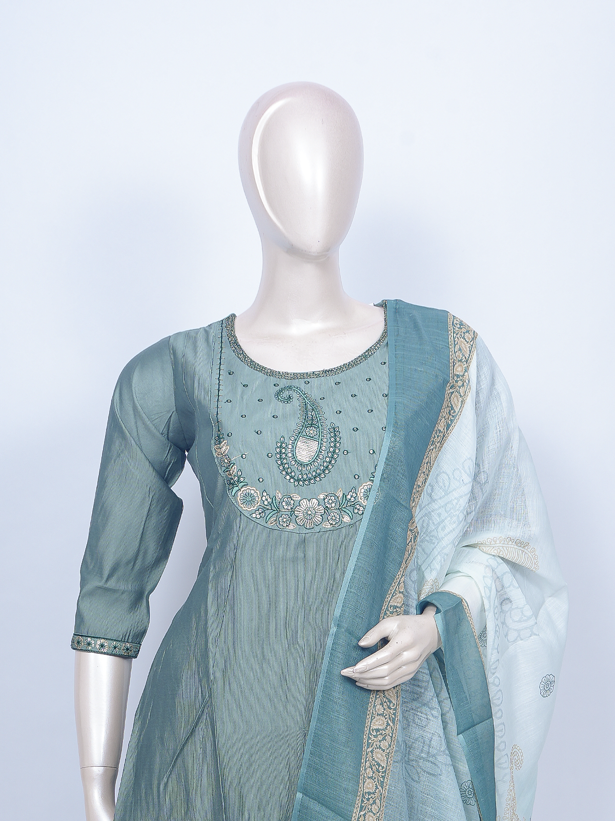 Dusty teal embroidered ready made kurti set with paisley yoke and printed dupatta