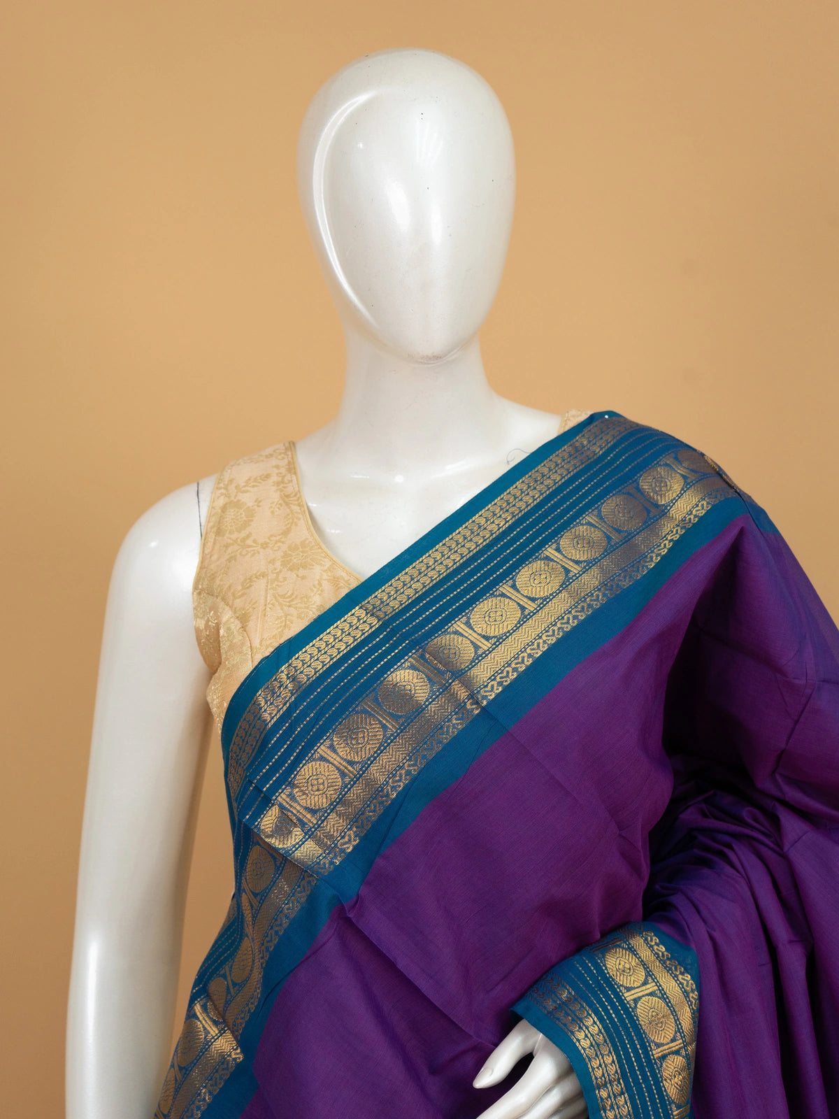 Purple Chettinad cotton saree with peacock-blue and gold zari contrast border