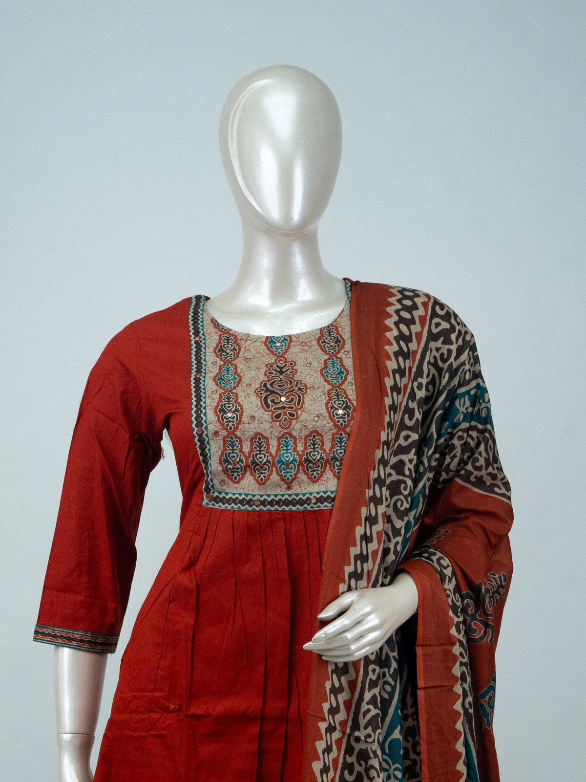 Rust Red Cotton Mirror Work Anarkali Kurti Set with Ajrakh printed dupatta and straight pants