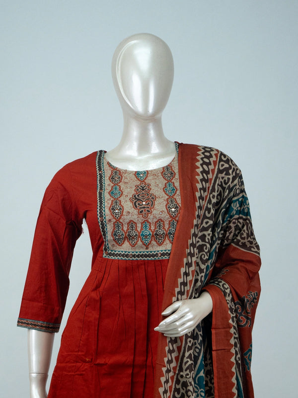 Rust Red Cotton Mirror Work Anarkali Kurti Set with Ajrakh printed dupatta and straight pants