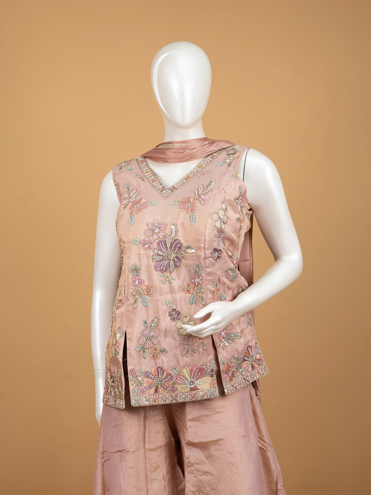 Dusty Rose silk floral embroidered straight cut kurti set with palazzo and dupatta