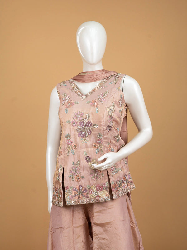 Dusty Rose silk floral embroidered straight cut kurti set with palazzo and dupatta