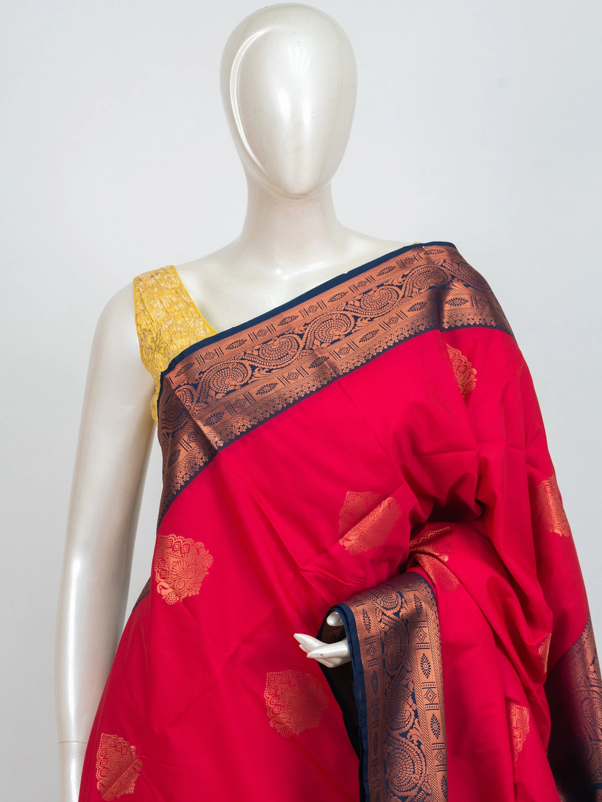 Red Kanchipuram Fancy Silk saree with navy blue contrast border and copper zari pallu