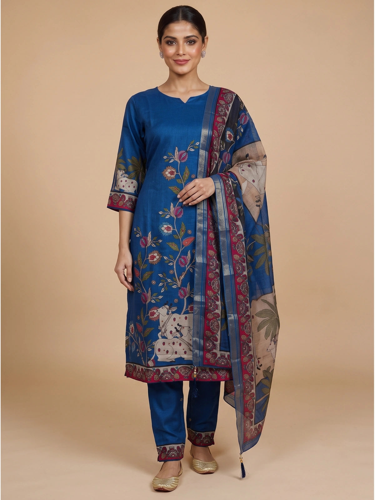 Blue Pichwai Kalamkari print ready made kurti set with pants and matching dupatta