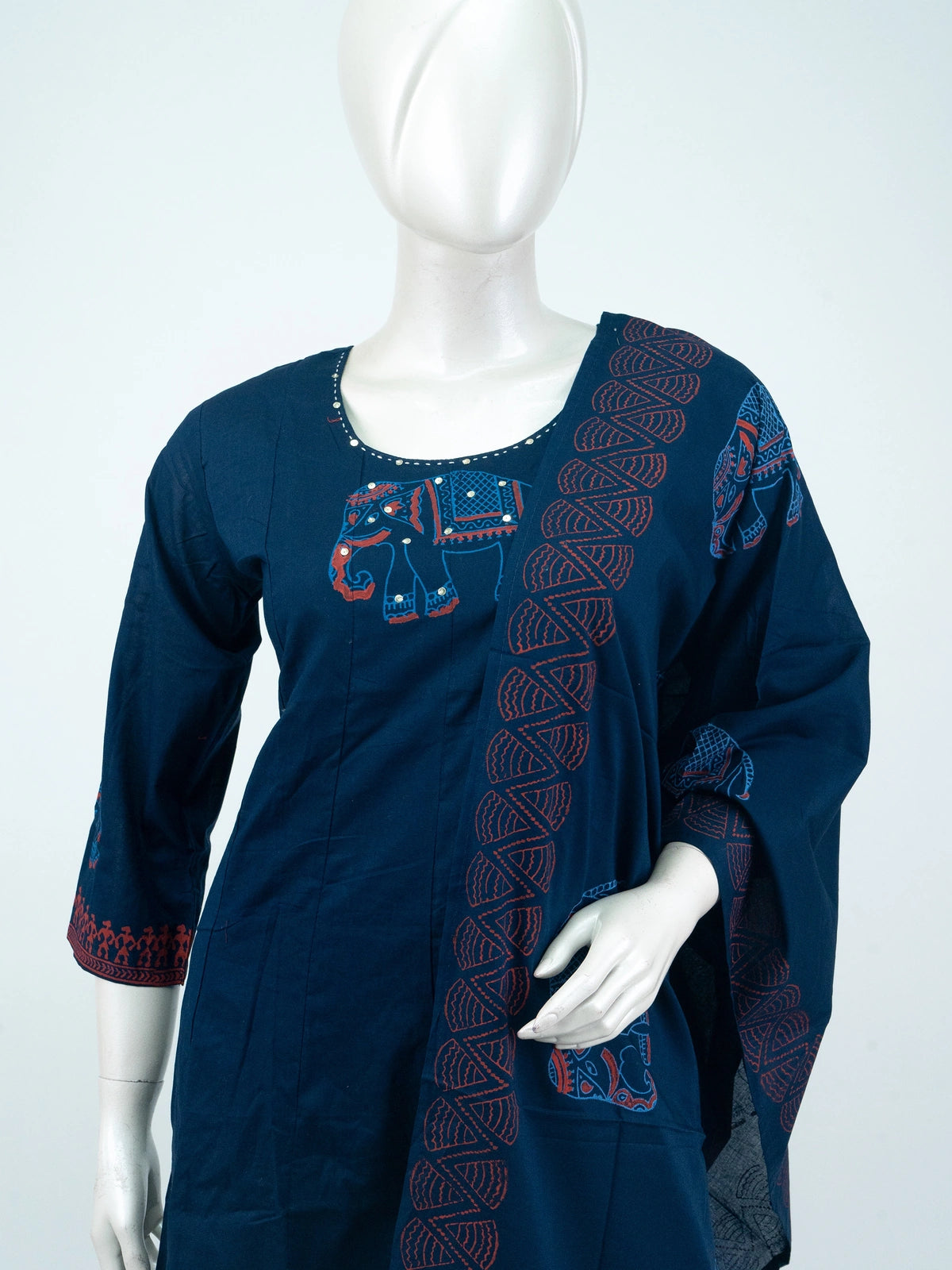 Navy Blue cotton Anarkali kurti set with rust elephant motifs, mirror work and matching printed dupatta