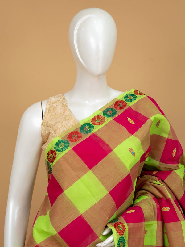 Pink and green checked Chettinad cotton saree with contrast lime-green floral border and woven leaf motifs