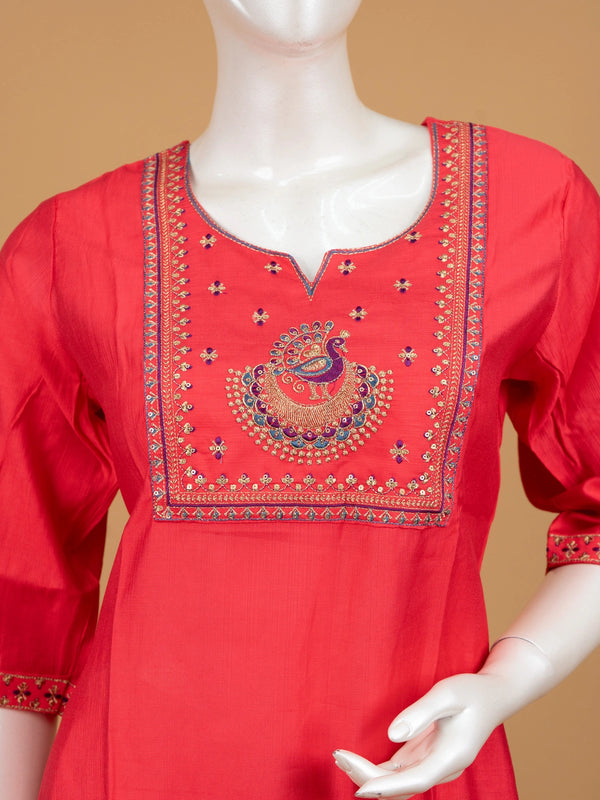 Red cotton silk straight cut kurti top with peacock embroidered yoke