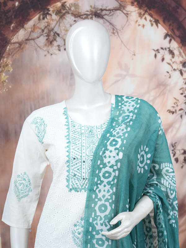 White schiffli cotton kurti set with teal batik dupatta and matching printed pants
