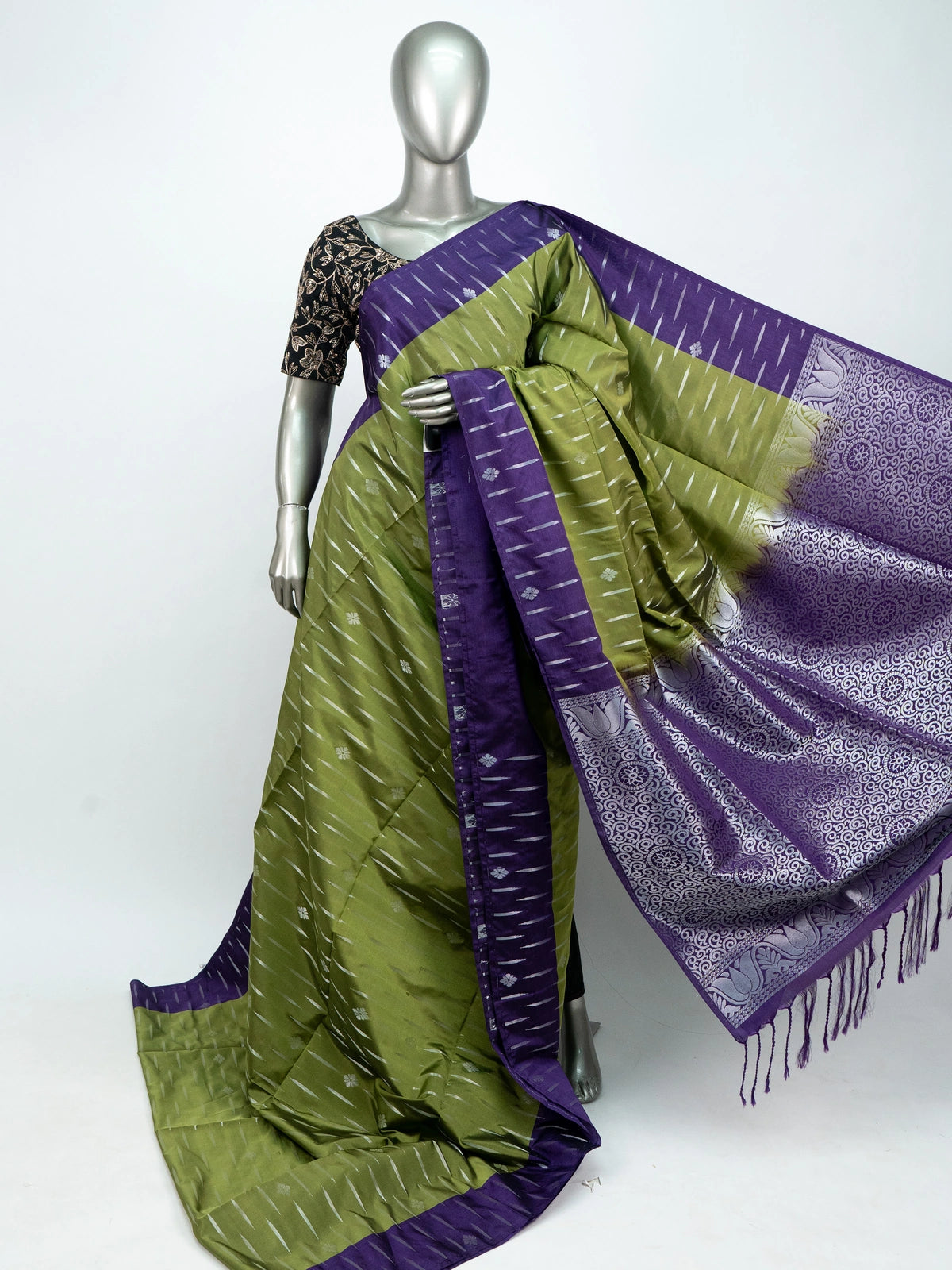 Olive green and purple soft silk saree with silver zari streaks and contrast purple pallu