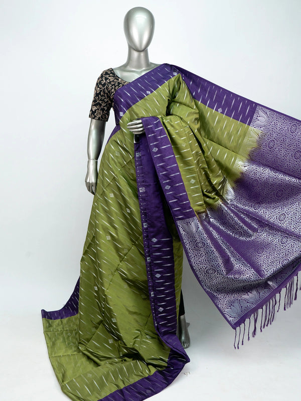 Olive green and purple soft silk saree with silver zari streaks and contrast purple pallu