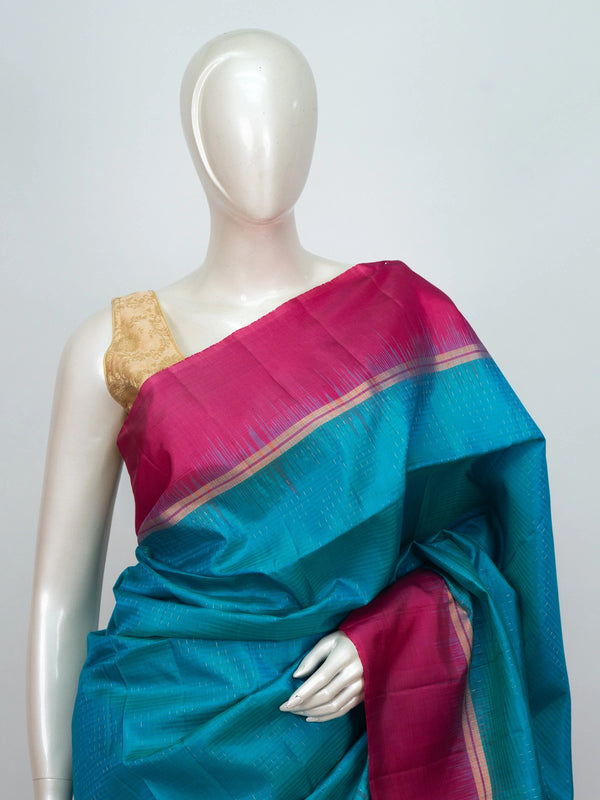 Peacock blue soft silk saree with contrast pink gold zari temple border and pallu