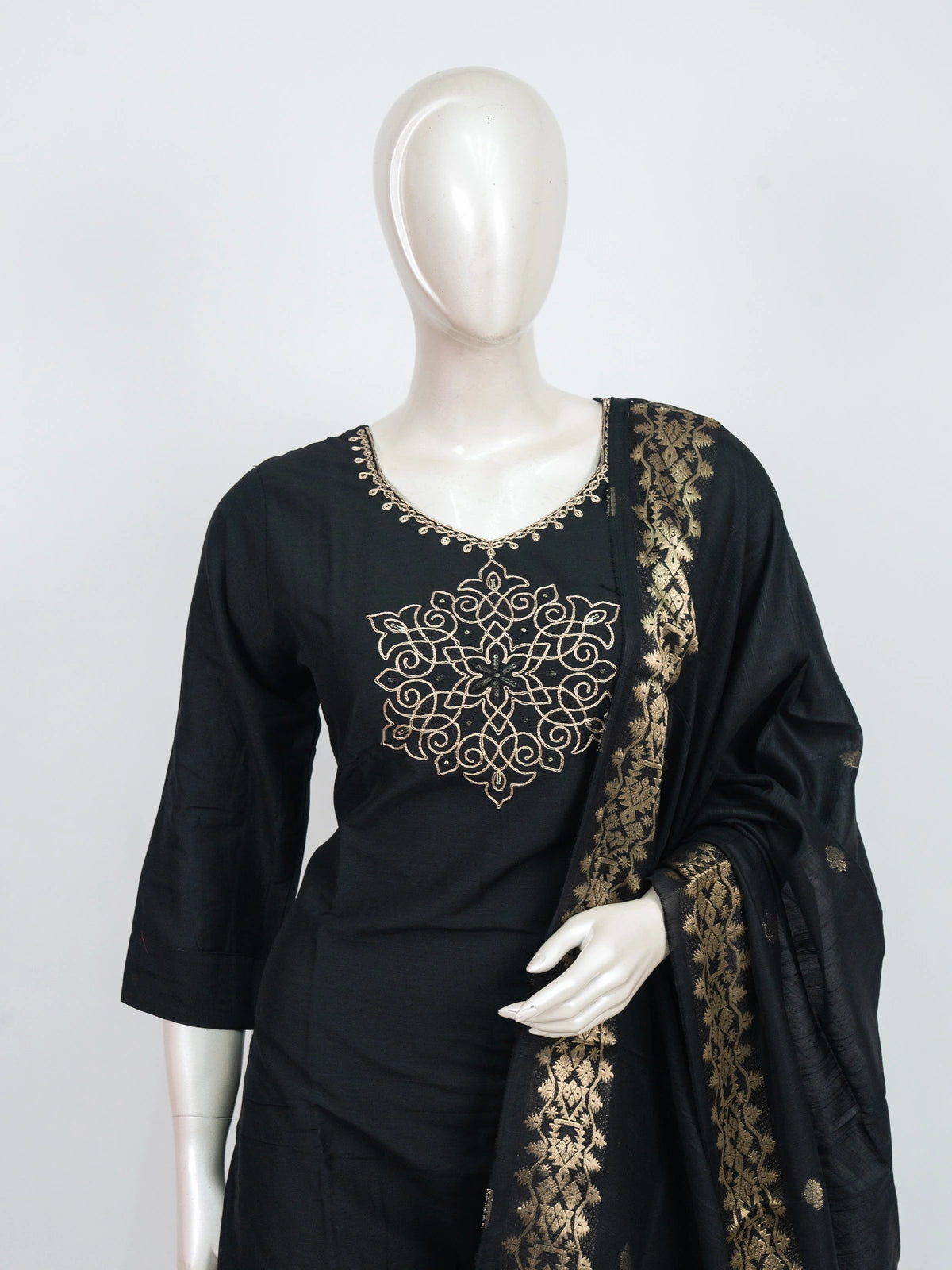 Black cotton straight cut kurti set with gold zari embroidered medallion motif and woven black-gold dupatta