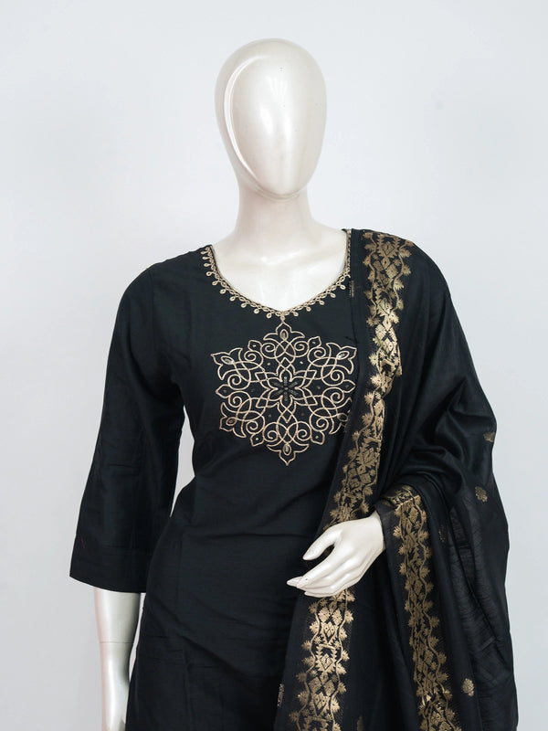 Black cotton straight cut kurti set with gold zari embroidered medallion motif and woven black-gold dupatta