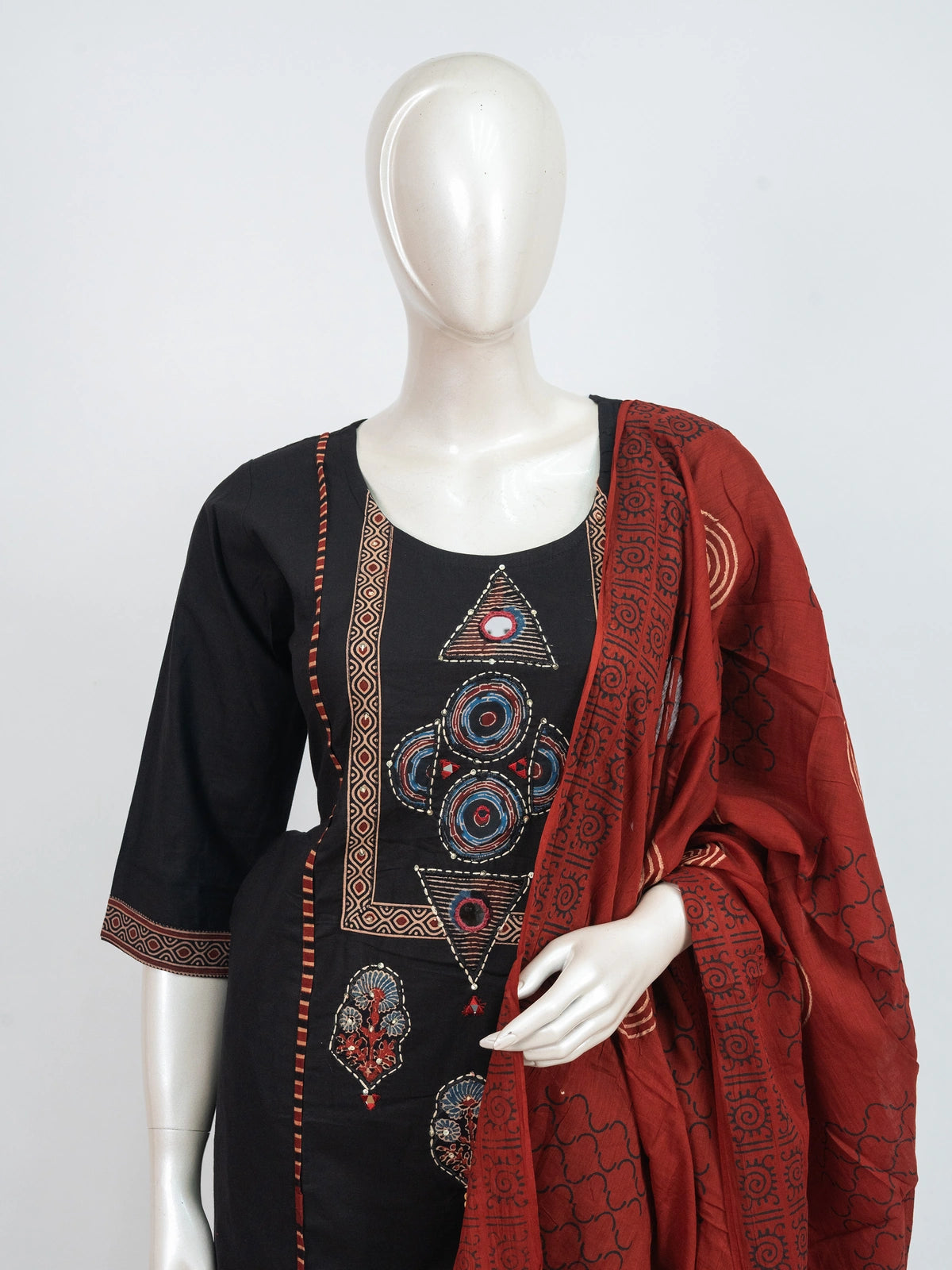 Black cotton straight cut kurti set with Ajrakh print mirror work and rust dupatta