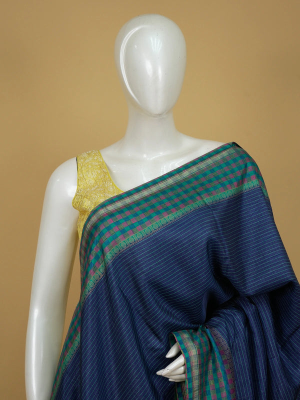 Navy blue Dola silk saree with teal-green contrast checked border and paisley motif pallu