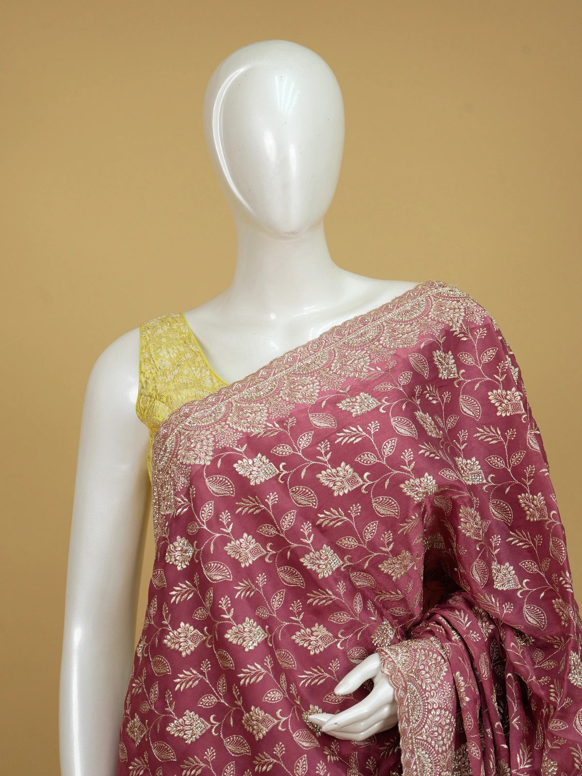 Mauve pink organza designer saree with gold floral zari embroidery and scalloped border