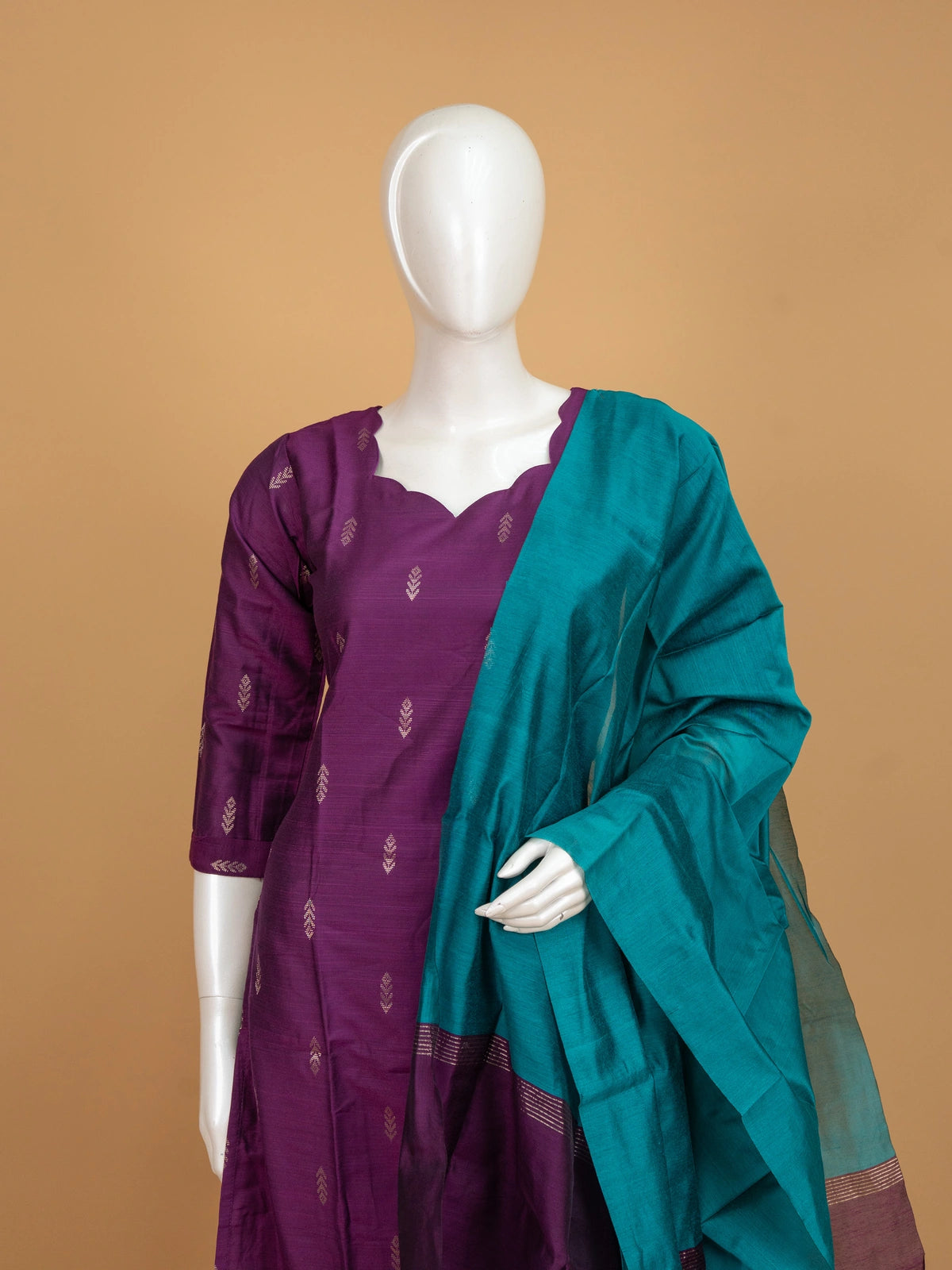 Purple art silk straight cut kurti set with gold zari buti motifs and teal dupatta