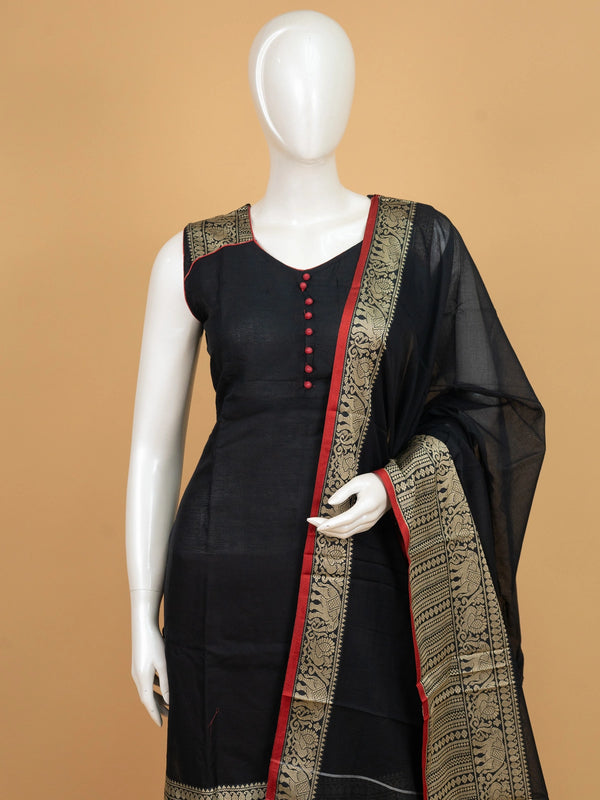 Black cotton silk straight cut kurti set with gold zari border, red contrast pants and dupatta