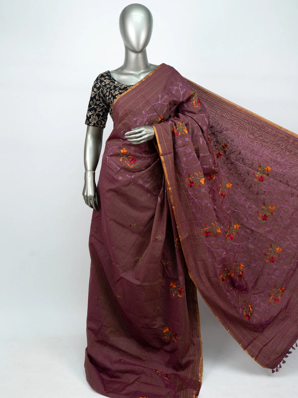 Mauve linen cotton saree with floral thread embroidery, gold zari kantha-stitch border and contrast black blouse