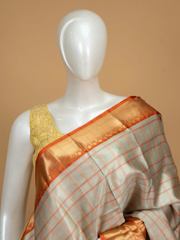 Grey and orange Kanchi semi silk saree with checked body and gold zari contrast border